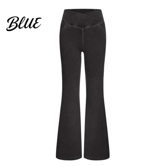 Women Casual Style Trousers High Waist Denim Pants Slightly Slim Fit Elegant Flared Jeans Pockets Cross Waistband Streetwear Comfortable