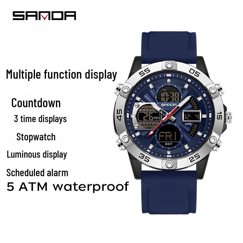 SANDA 3D Multifunction Sports Watch – 3 Time Zones, Waterproof, Student Wristwatch