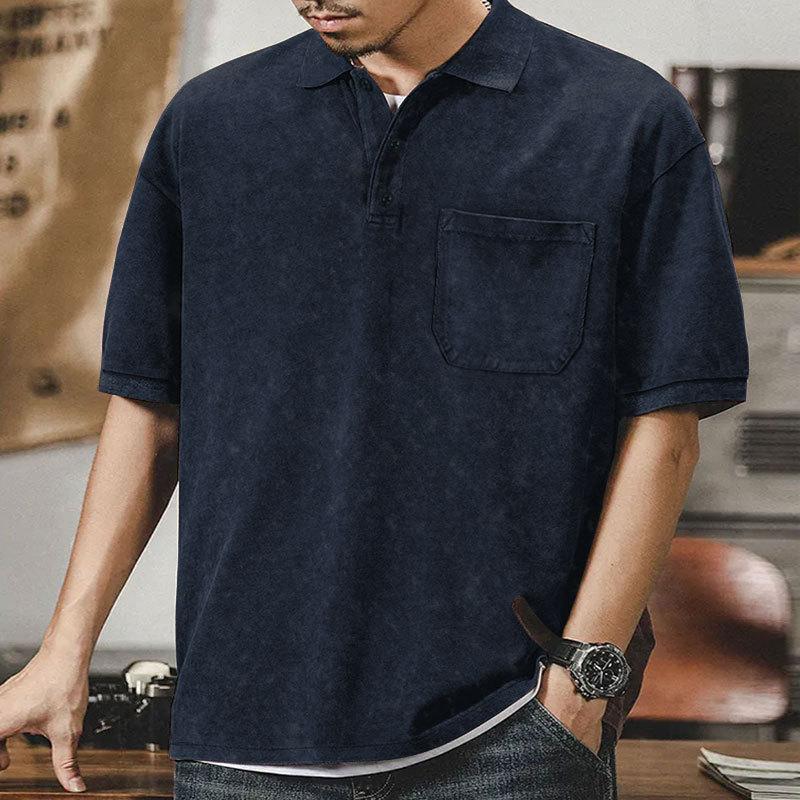 Summer New Lapel Button T-shirt Men s Retro Washed Heavy Short-sleeved Loose Casual Top Men s S темно-синий