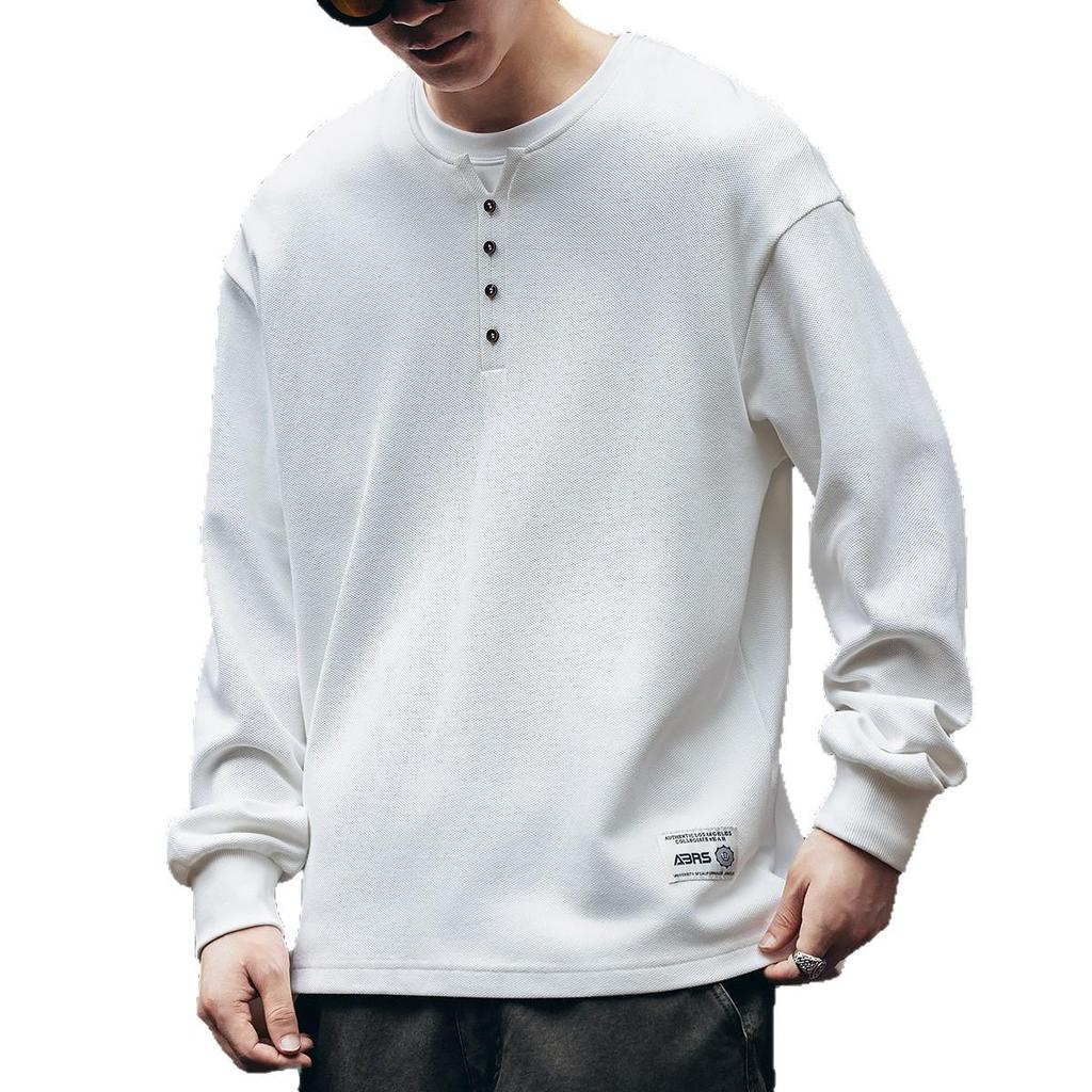 Premium Retro American Henley Collar Long Sleeve Men's Hoodie - Autumn Plus Velvet, Loose Fit High-Grade Pure Cotton POLO Shirt