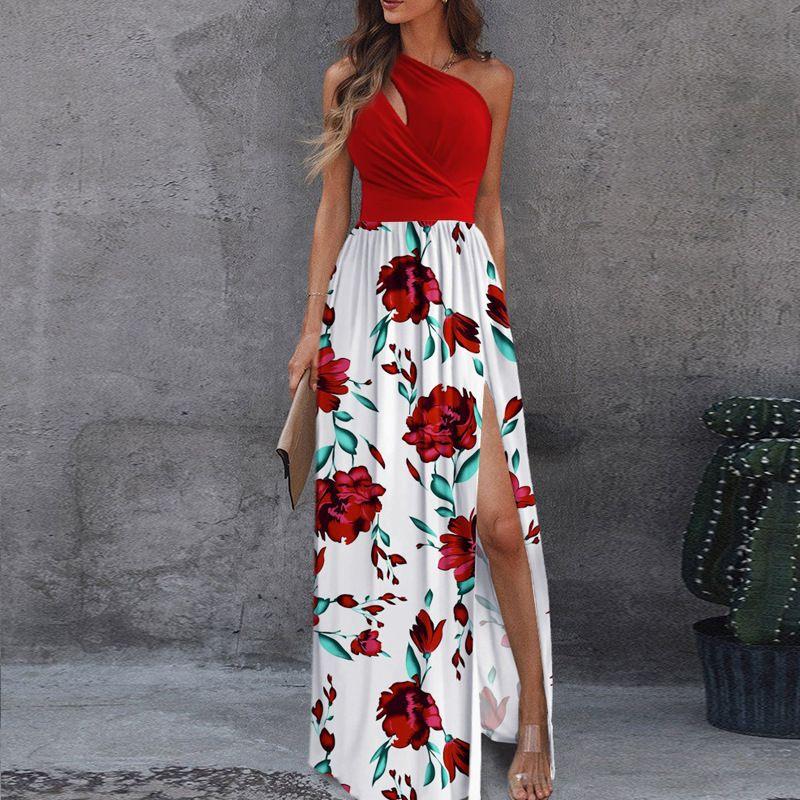 

2025 Temperament Sexy High Waisted Slit Dress Blue Flower XL