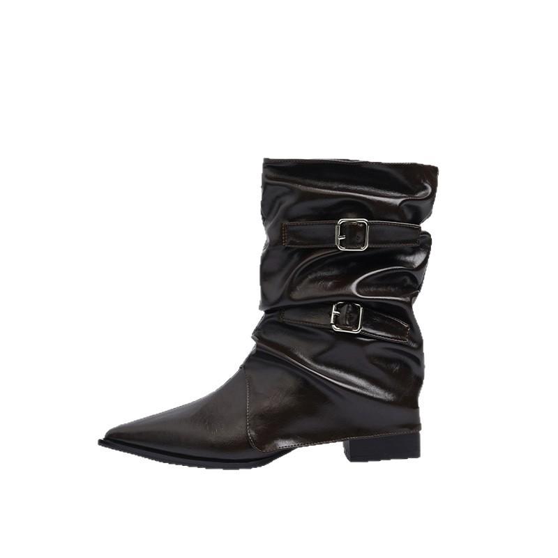 2025 Herbst neue spitze Retro Martin Stiefel Design geraffte Stiefel weiches Leder dünne weite Stiefel Damen