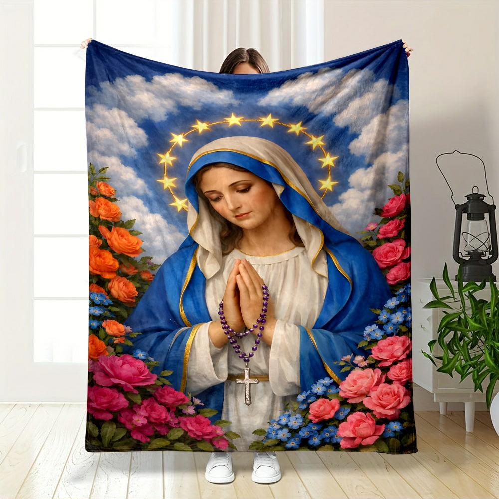 "Praying Virgin Mary with Rosary Design Blanket"Flannel Blanket for Bedroom, Living Room, Sofa, and Nap