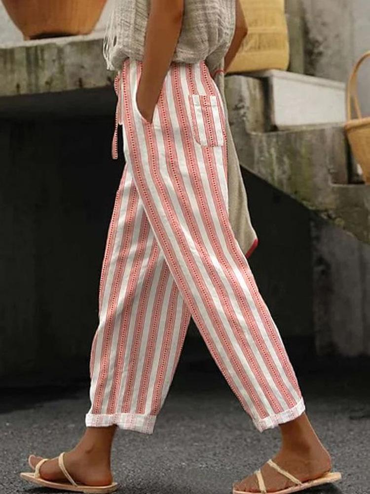 Women's Colorful Striped Wide Leg Pants with Drawstring Waist