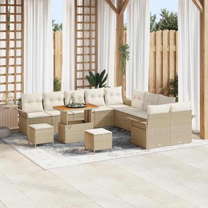 Ensemble de canapés de jardin 13 pièces avec coussins Beige Poly Rattan Acacia, Canapé de jardin 2 places avec coussins 3362196