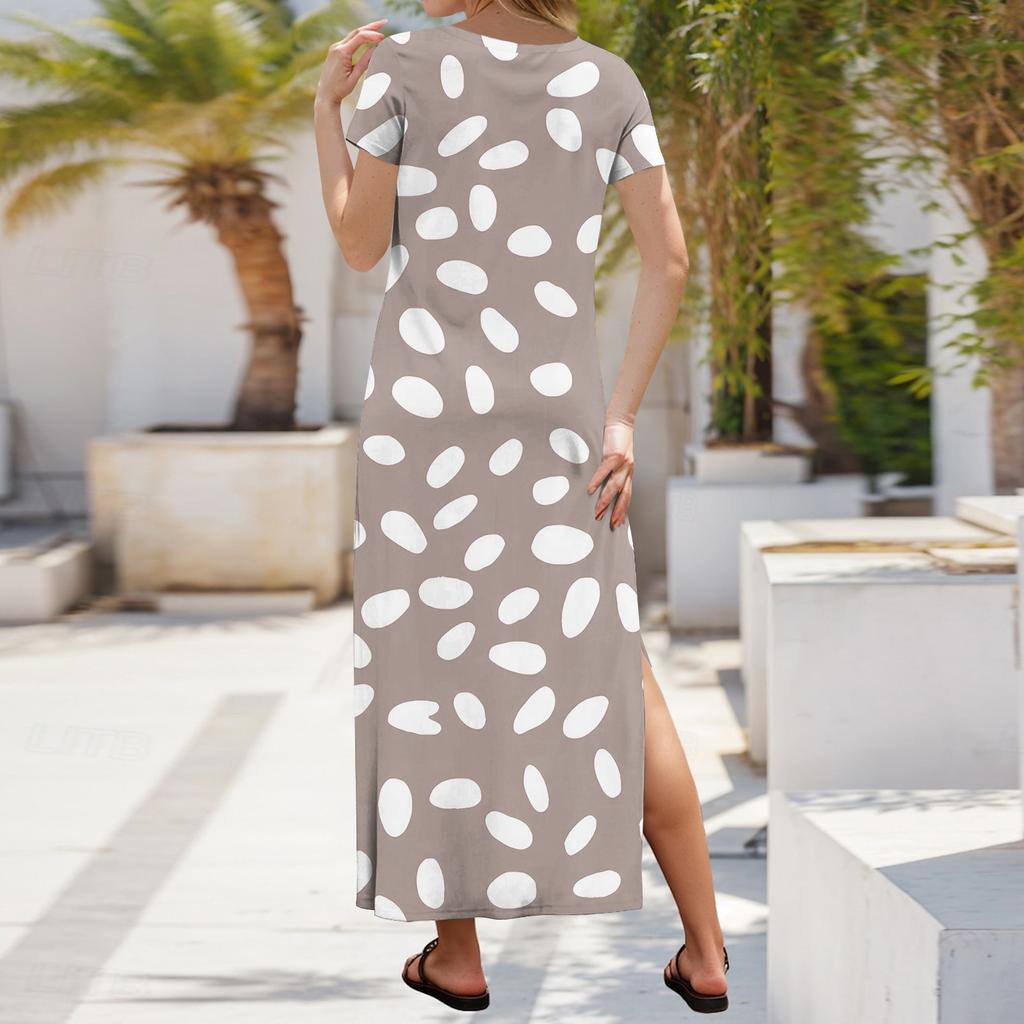 Women Summer Floral Dress Short Sleeve Beach Dress With Pockets Casual V-Neck Split Long T-Shirt Dress Travel Vacation