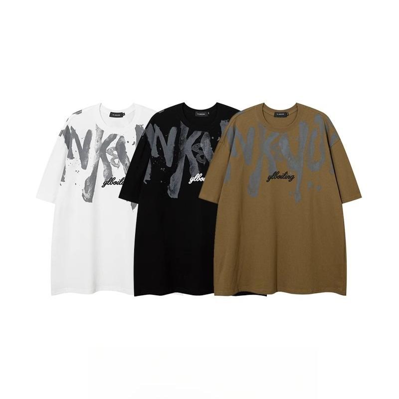 American Heavyweight Cotton Men's Short-sleeve T-shirt, Plus Size, Summer Hip-hop Style, Eye-catching Streetwise Look with Large Letters