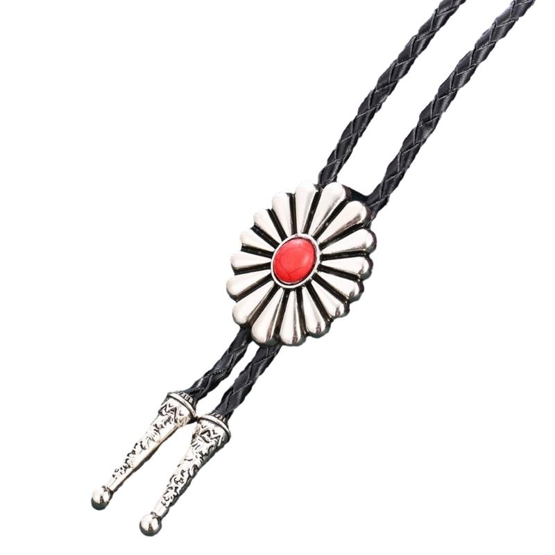 Mens Bolo Tie Necktie Vintage Leather Braided Rope Necklace with Metal Wolf Head Stone Pendant Jewelry Cowboy Necktie