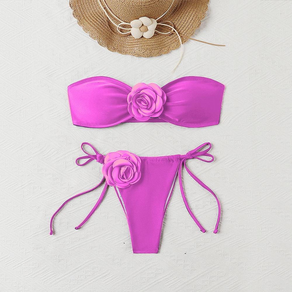 European and American Solid Color Rose Tube Top Bikini Drawstring Strap Split Swimsuit
