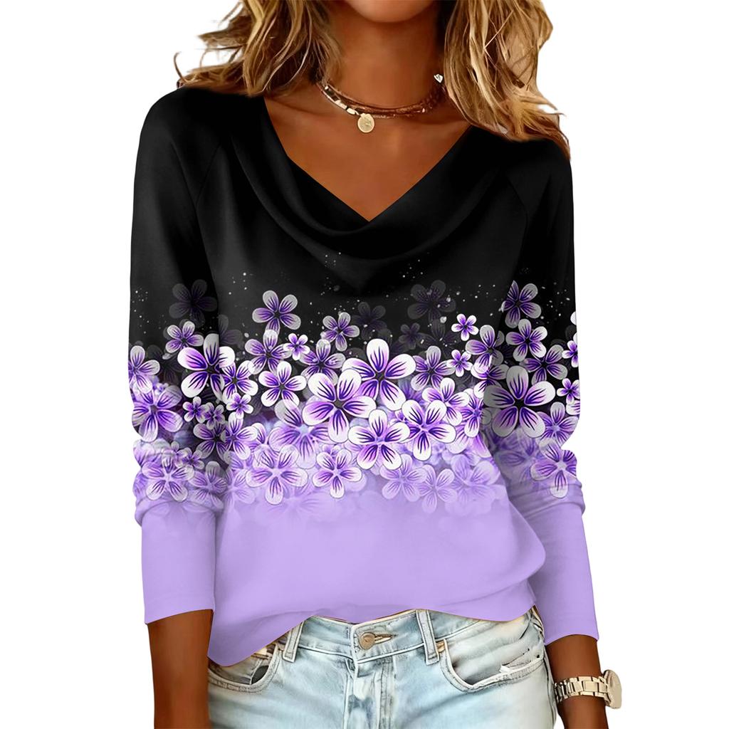 Ladies' Floral Printed Casual And Fashionable Long Sleeved Pullover Top