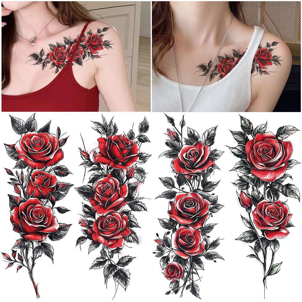 Aesthetic Romantic Fake Tattoo Stickers Half Sleeve Realistic Floral Temporary Tattoos For Women Waterproof Long Lasting Body Art 6 Sheets Jewelry
