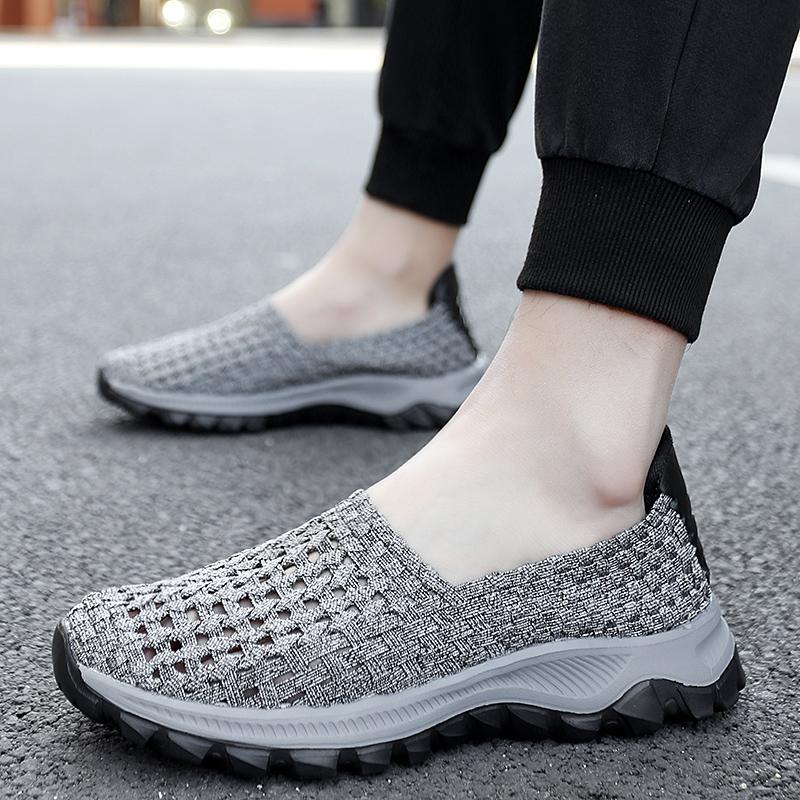 Summer Men Sneakers Braid Beach Shoes Casual Weave Blue Grey Breathable Slip on Flats Tennis Sneakers