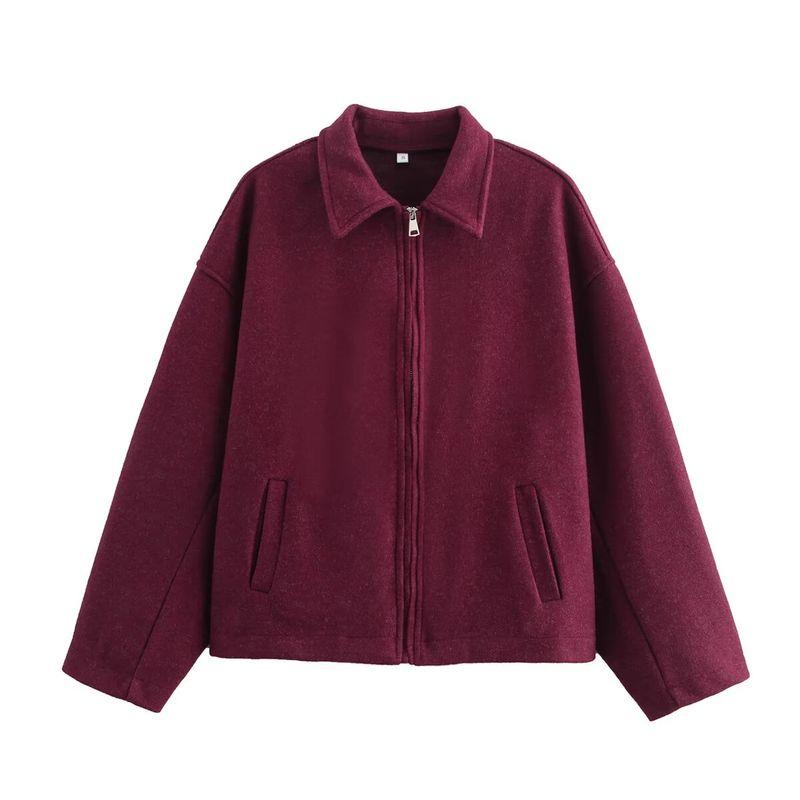 

Kaslead New Arrival Women s Clothing Fashion Style Stylish Simple and Versatile Three-Color Wide Zipper Woolen Outwear Burgundy L