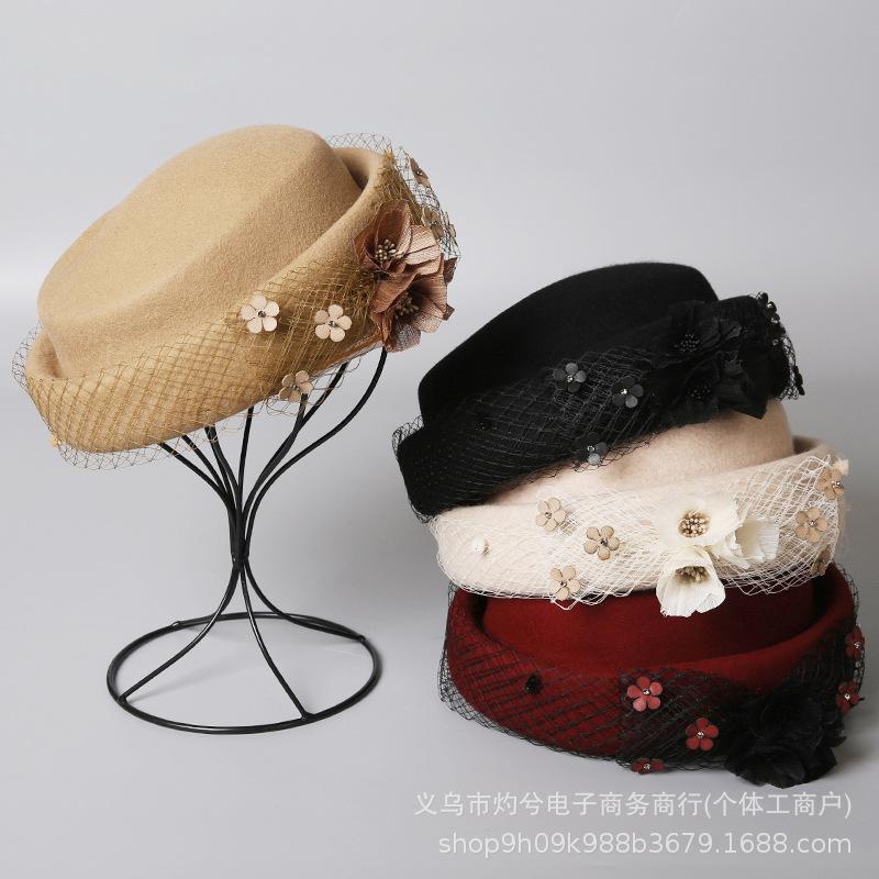 New autumn and winter boutique stewardess hat elegant mesh painter hat Australian pure wool warm felt personalized beret