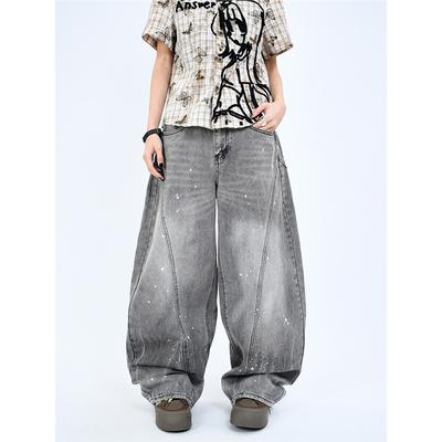 American High Street Ink Splashing Old Washed Scimitar Jeans Men and Women Loose High-end Wide-leg Trousers Tide