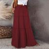 Women High Waist Elastic Waistband Maxi Skirt Solid Color A-Line Solid Color Ruffle Stitching Holiday Party Long Skirt Streetwear