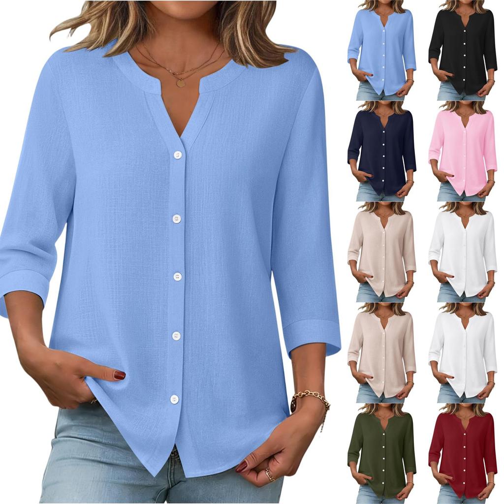 Womens V Neck Button Down Blouse Three Quarter Sleeve Loose Fit Casual Top for Daily Office Wear