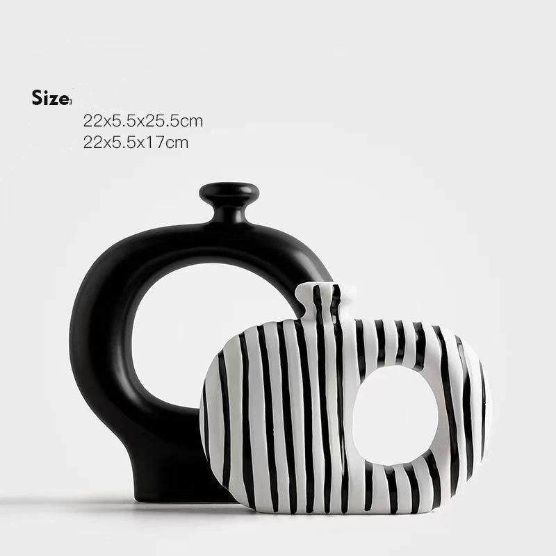 

2PCS/Set Creative Modern Black and White Striped Ceramic Vase, Irregular Decorative Flower Vase for Home Decor Set A