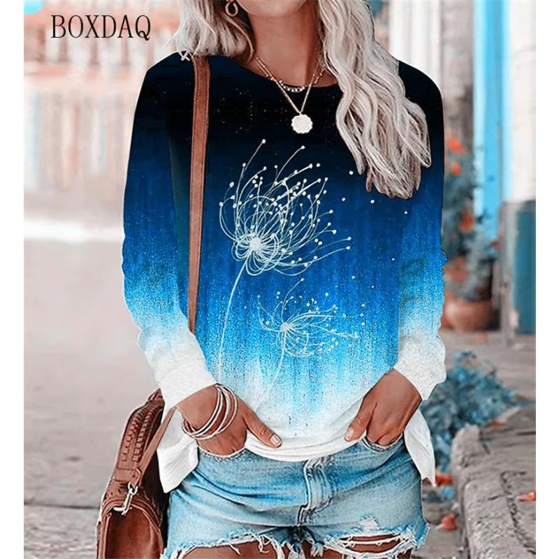 Löwenzahn Muster Damen T-Shirts Frühling Herbst Langarm 3D Pflanzen&Blumen Druck Street Gradient Damen T-Shirts 6XL Übergröße