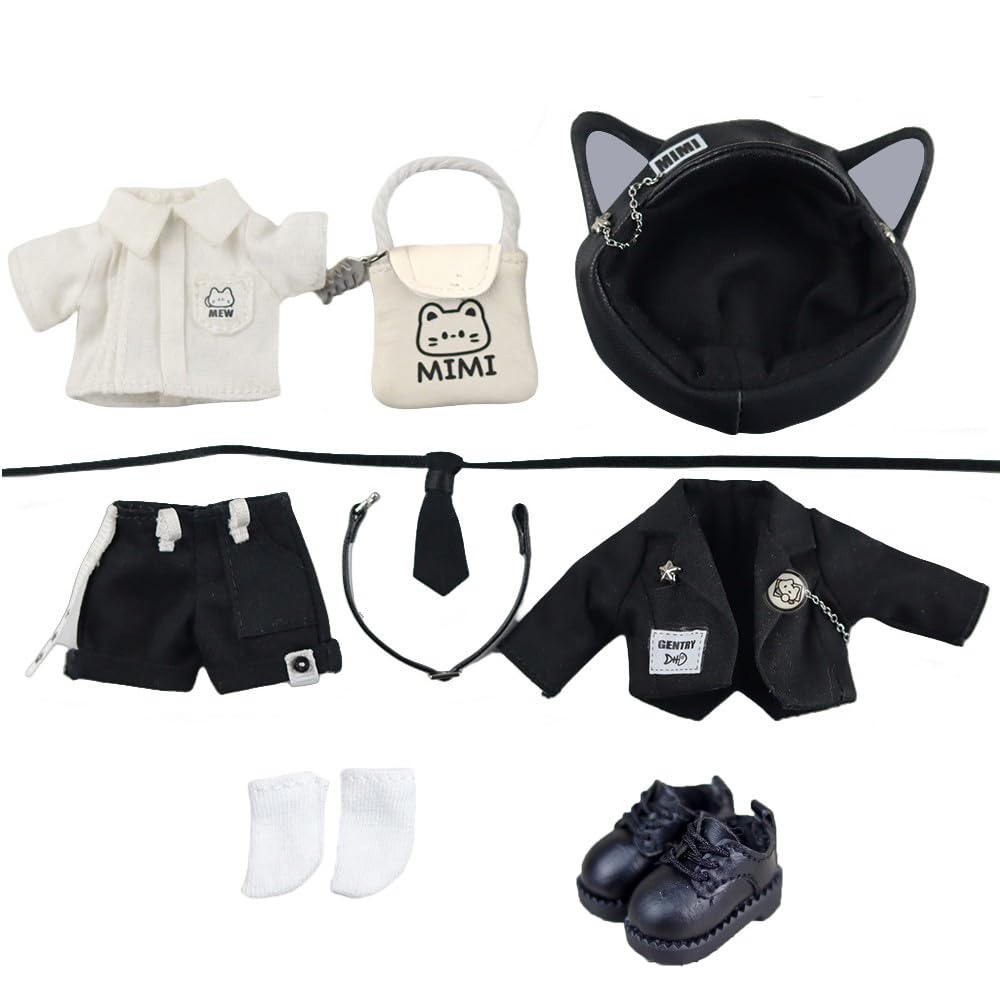 

Obitsu 11 OB11 Size Costume for Obitsu Doll 11cm Body Mimi Gentleman Suit Jacket Shorts Cat Ears Newsboy Hat Setup 9 (Black Pieces)
