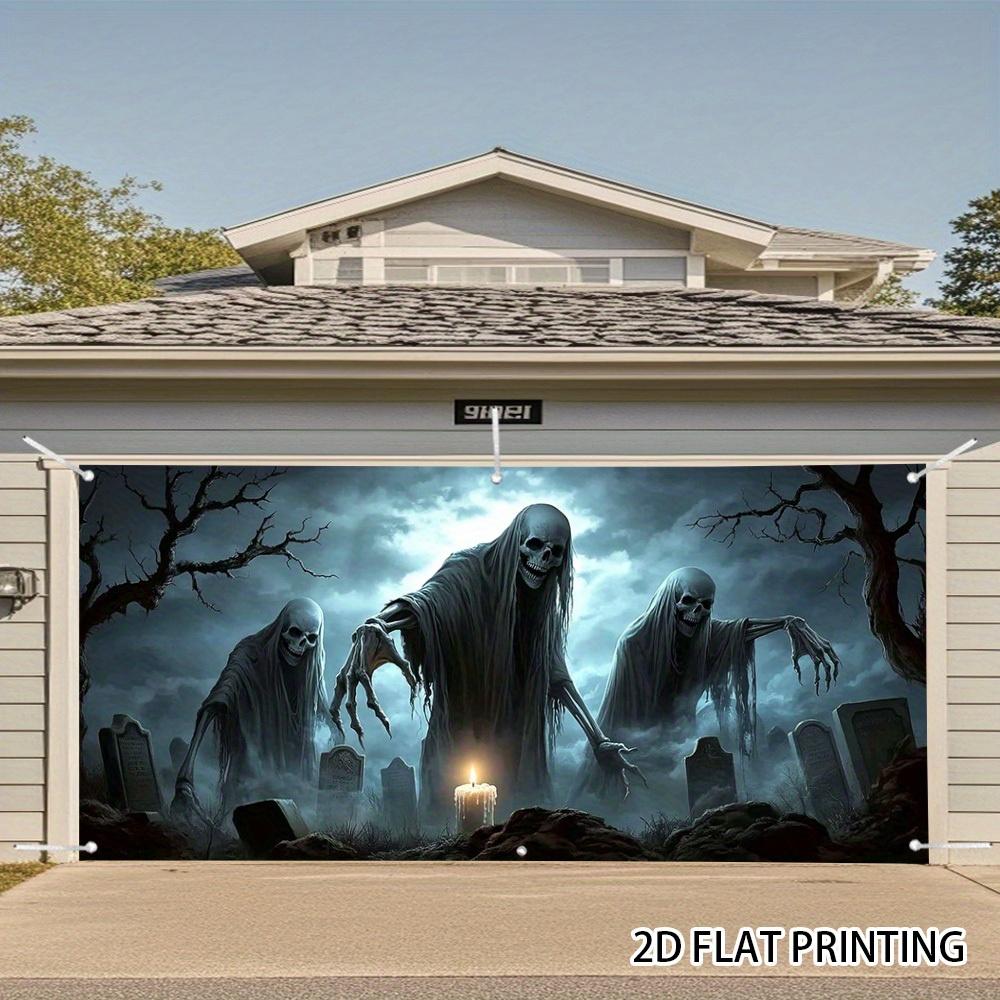 1 piece of Halloween zombie cemetery 2D garage door banner - Large colorful horror background with skulls.PMJ