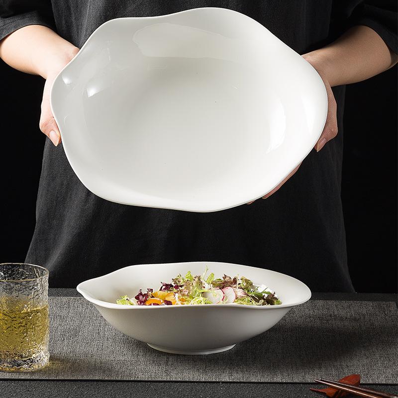 Pure White Irregular Soup Bowl Household Ceramic Salad Bowl Noodle Bowl Hotel High-End Cold Dish Soup Plate Artistic Conception Dish Tableware