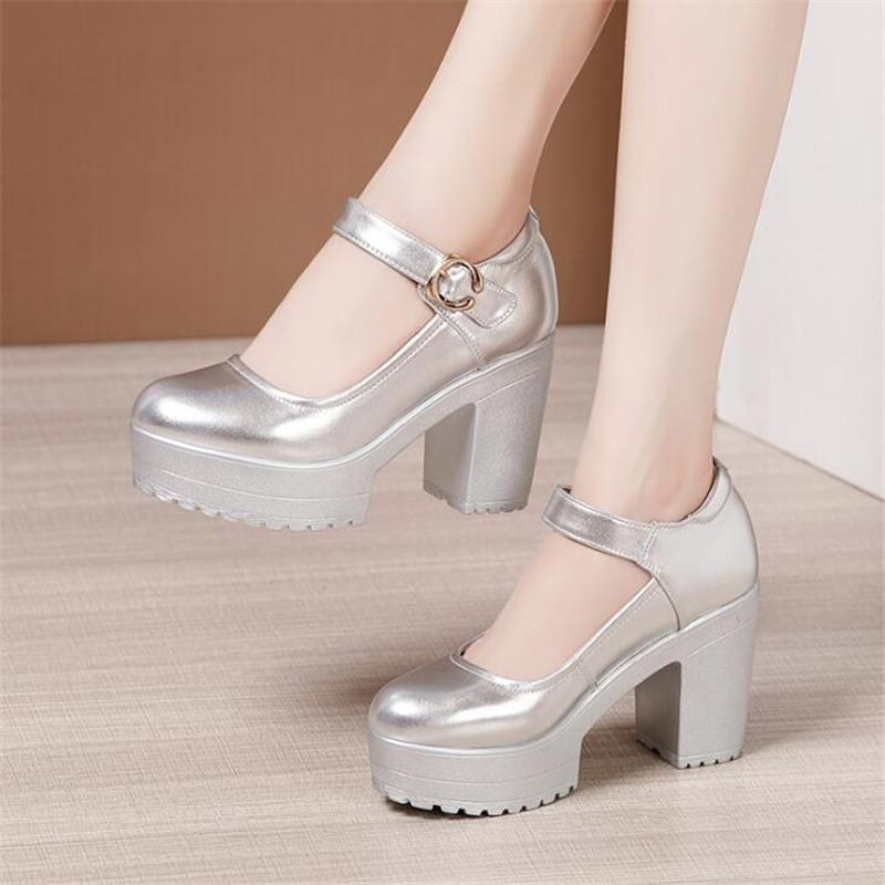 Women's High Heel Shoes Genuine Leather Pumps Platform Mary Jane Shoes Women Office Work Shoe Women's Wedding Shoes 32-43