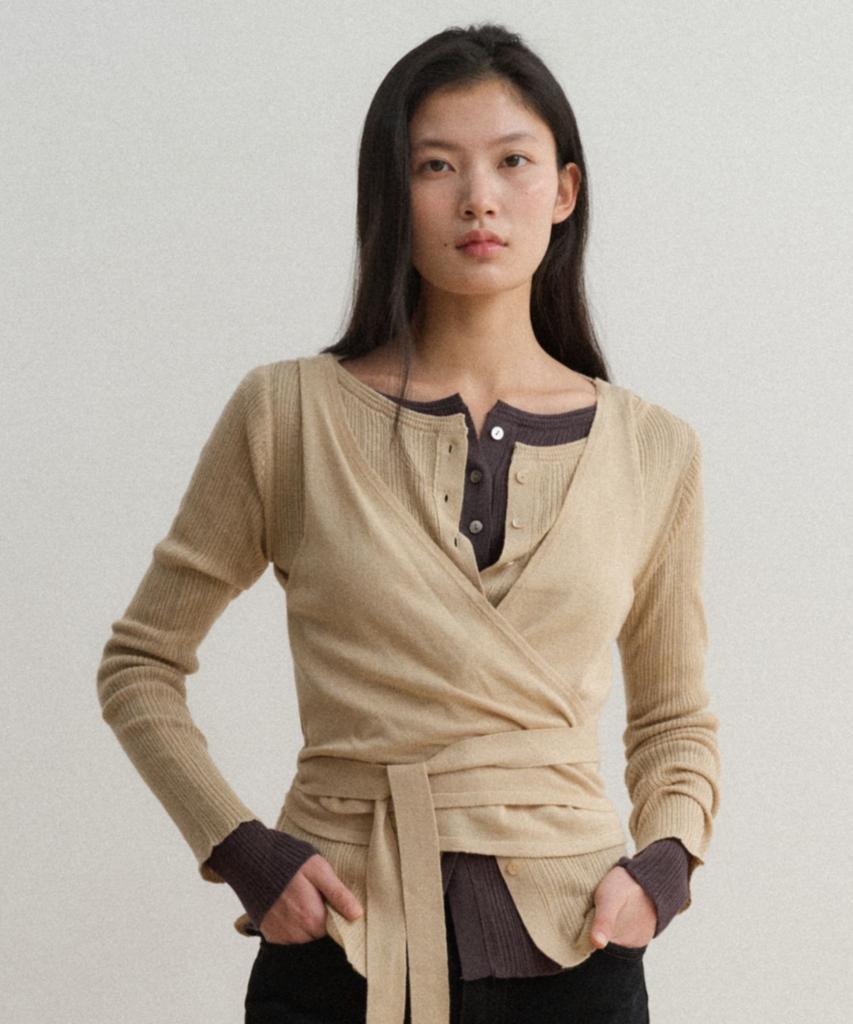 Towav Oss Wrap Cardigan Set_Beige