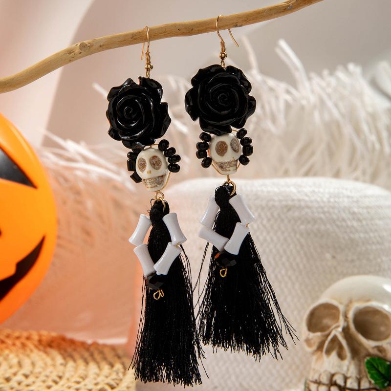 Halloween, Divertenti Divertenti Orecchini con Tassel Teschio Perline di Riso Creativi Orecchini a Rosa