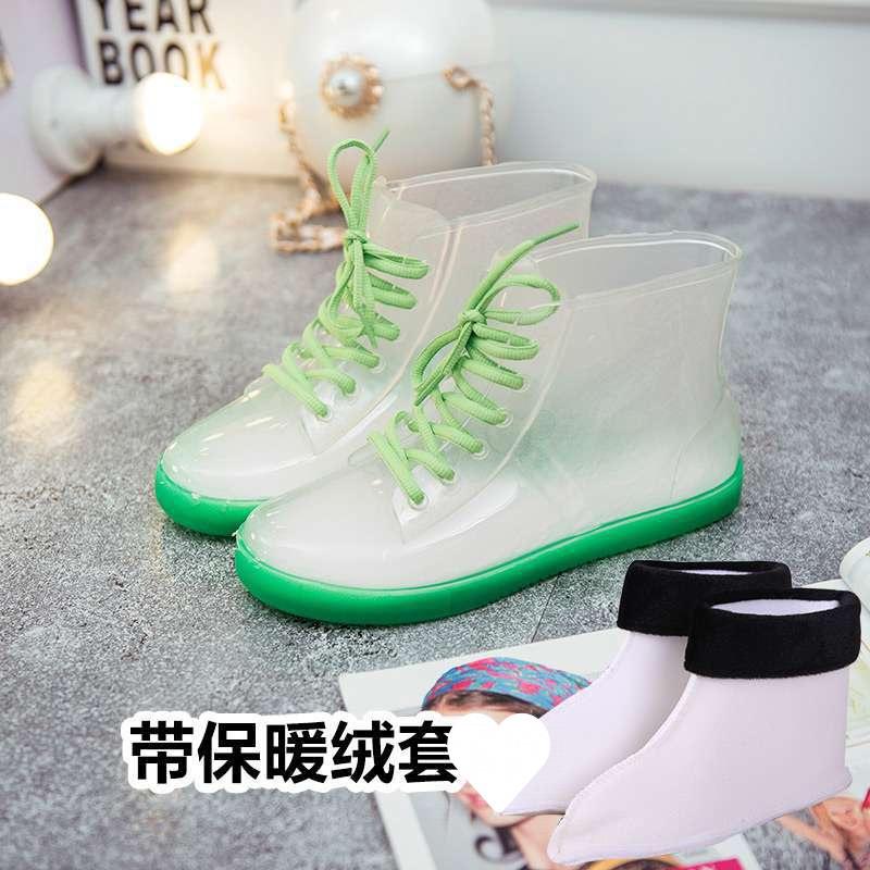 Jelly transparent non-slip fashion waterproof shoes rain shoes rain boots rubber shoes overshoes velvet cotton water boots women's short tube adult su