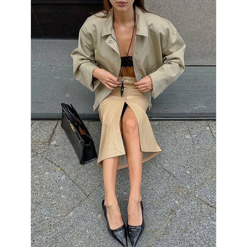 European and American Khaki Leather Retro Style Mid Waist Slim Fit Slimming Sexy Split High Waist Skirt