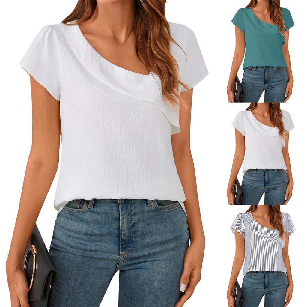 Womens Flowy Tunic Tops Short Sleeve Shirts Round Neck Ladies Blouses Summer Fashon