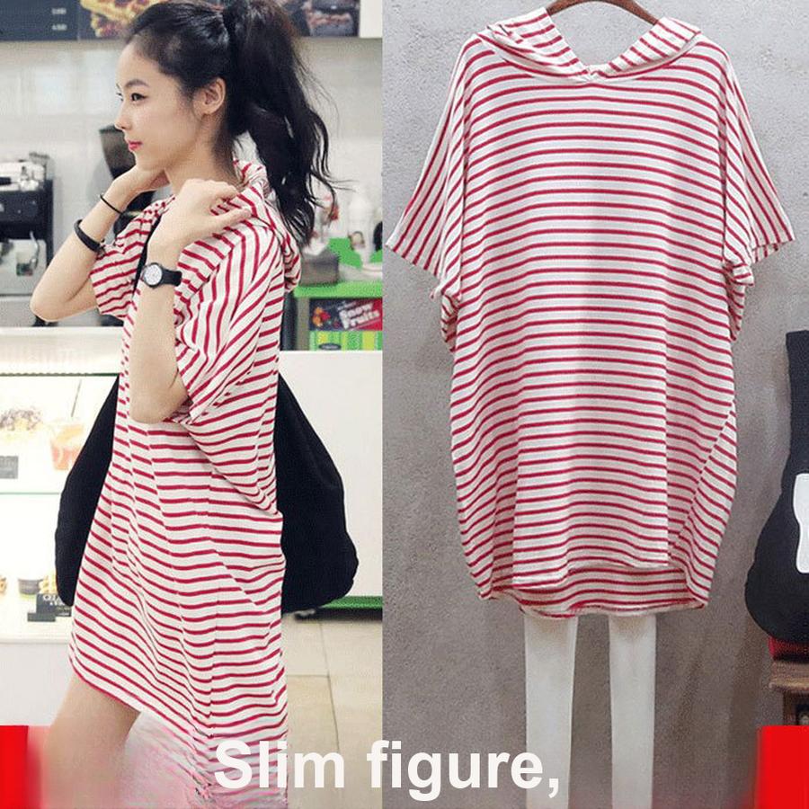 Beach Holiday Striped Loose Hoodie Short Sleeve Dress for Women - Plus Size Korean Style