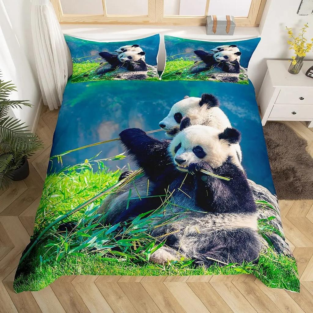 Panda Duvet Cover Set King Size Black And White Animal Comforter Cover With Pillowcases Starry Sky Blue Ultra Soft Quilt Cover