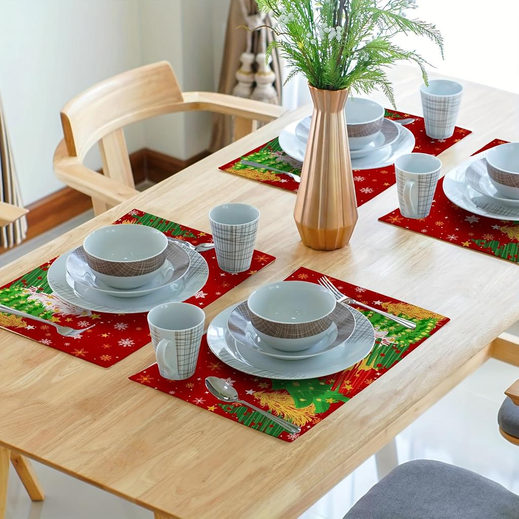 4pcs/6pcs, Christmas Tree Placemats, Snowflake And Christmas Tree Pattern Red Background Linen Table Mats, Suitable for Winter Dining Tables, Kitchens