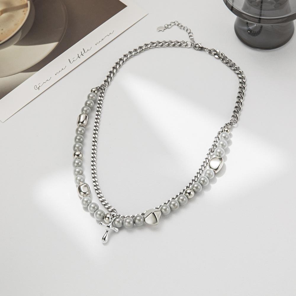 YW High Quality Double-Layer Pearl Sweater Chain Stainless Steel Necklace for Men as picture&TRENDY