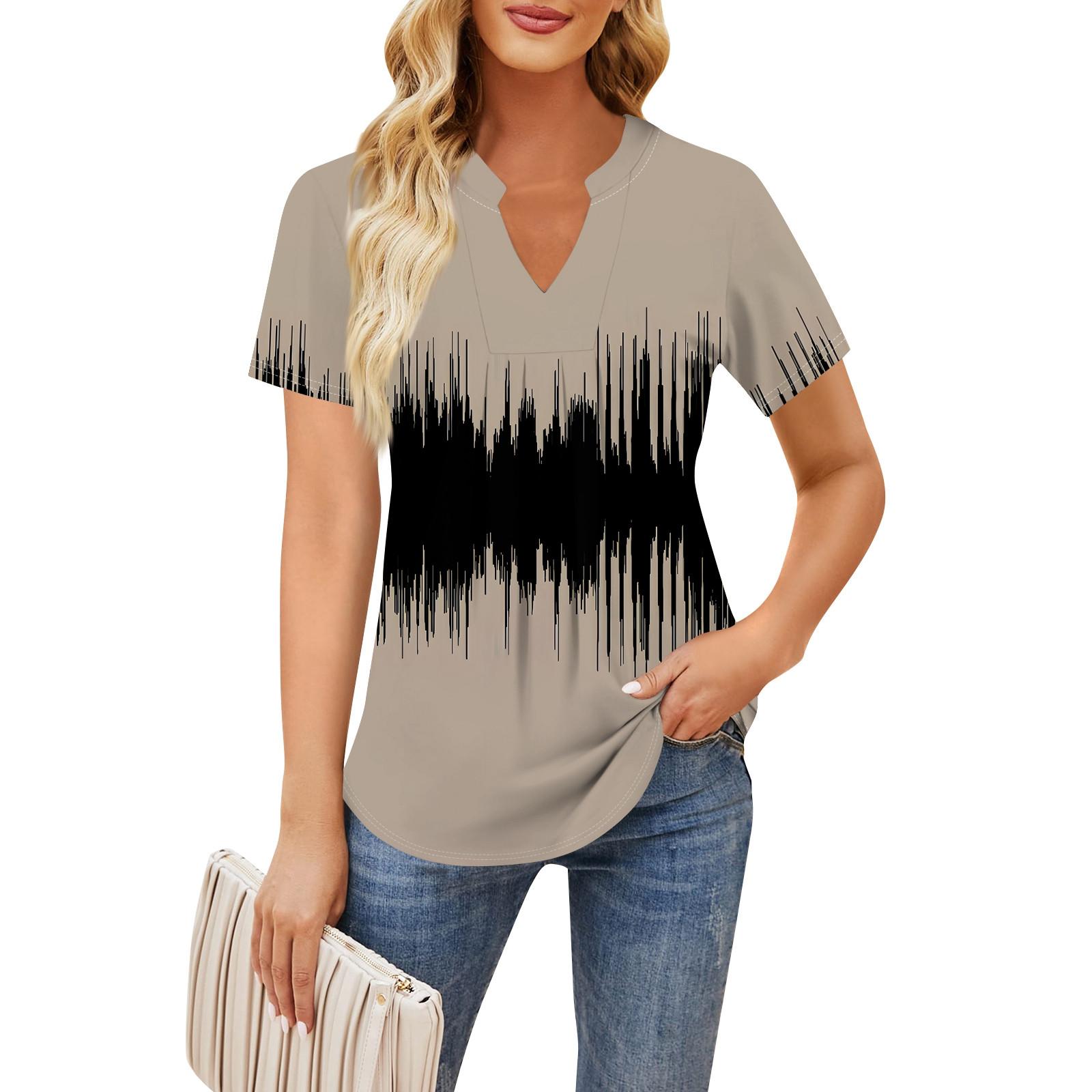 Женская повседневная свободная футболка с коротким рукавом и v-образным вырезом на груди — фото 6