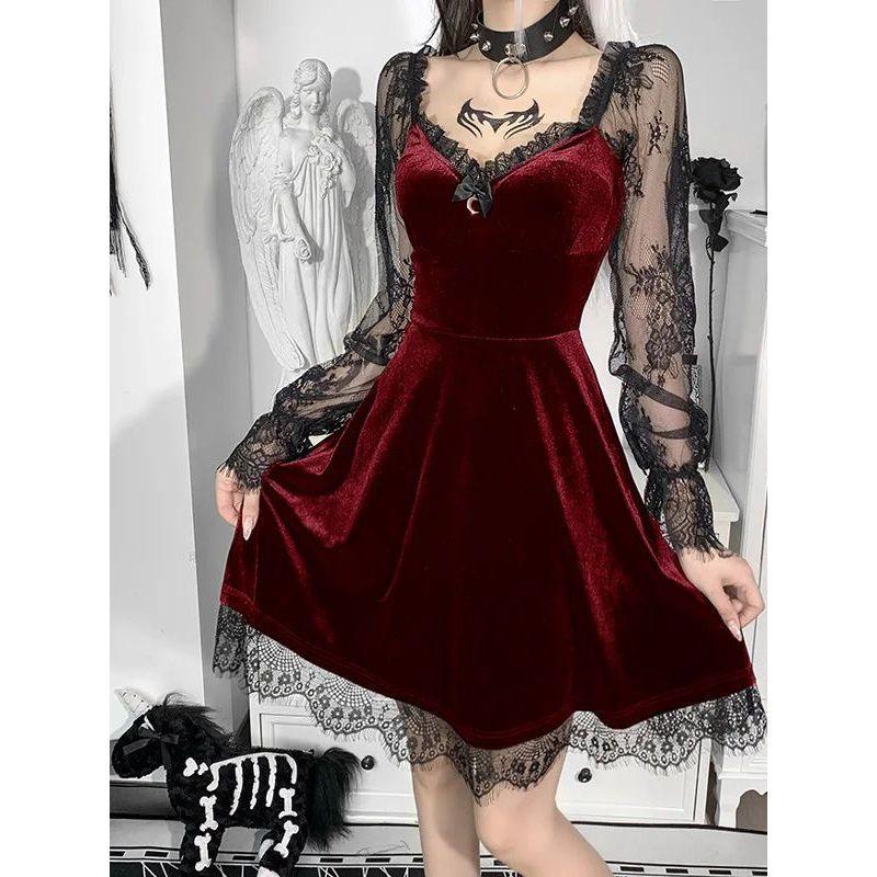 Lace Patchwork Ruffle Edge Dress Lace Stitching Frill Long Sleeve Dress