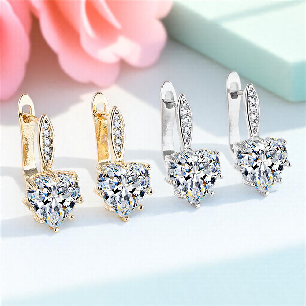 Cute Female White Zircon Stone Round Heart Hoop Earrings Vintage Fashion Gold Silver Color Wedding  For Women