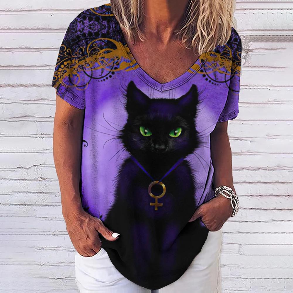 Women's T-shirt 3D Fashionable Cat Print V-neck Short Sleeved Basic Top Street Wear Summer Casual Loose Fitting Women's Clothing