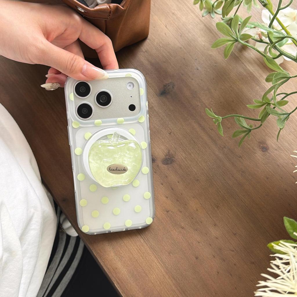 Korean Style Polka Dot Green Phone Case with Stand for iPhone 17/16/15 Pro Max