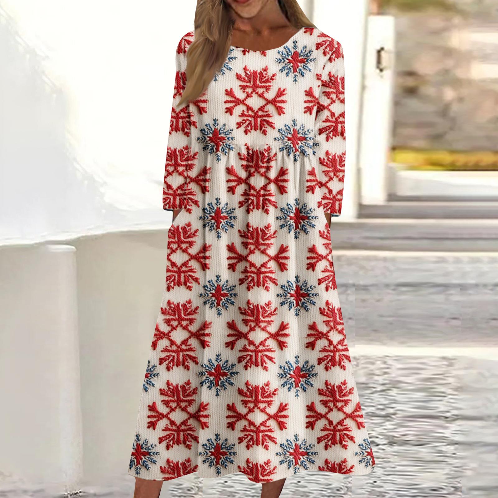 

Женское повседневное миди-платье с круглым вырезом и рождественским принтом, с длинным рукавом и карманом XL