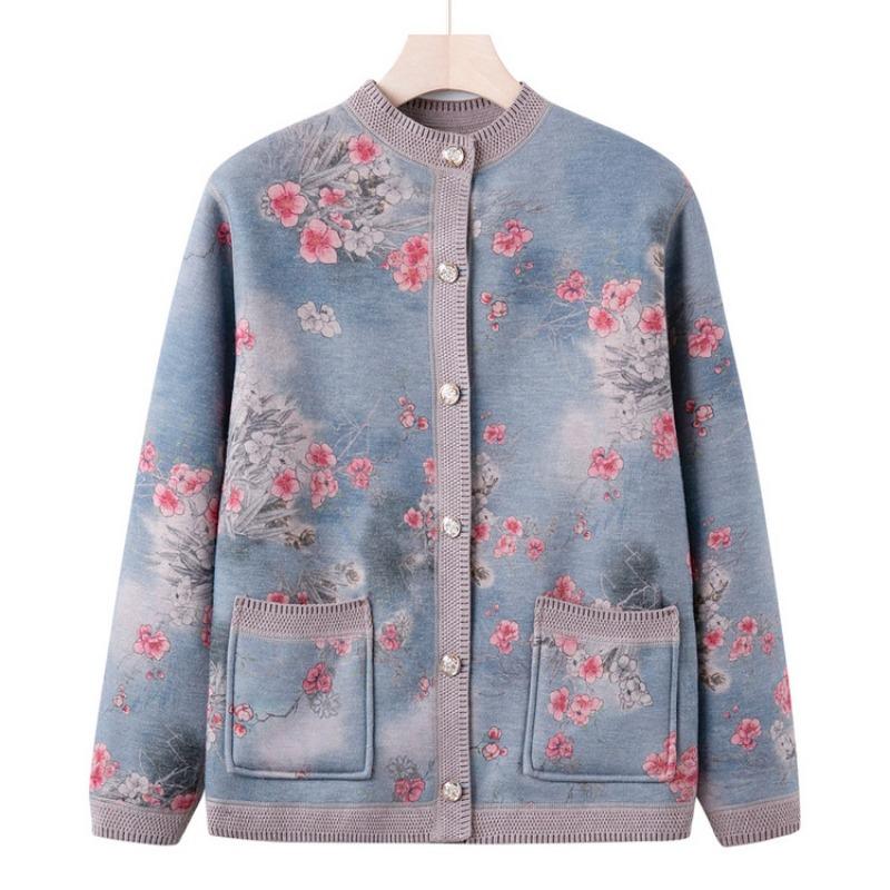 Mom's New Knitted Sweater Cardigan Jacket Medium and Old Sweater Female Grandma Autumn Clothing Fleece Thickened Top