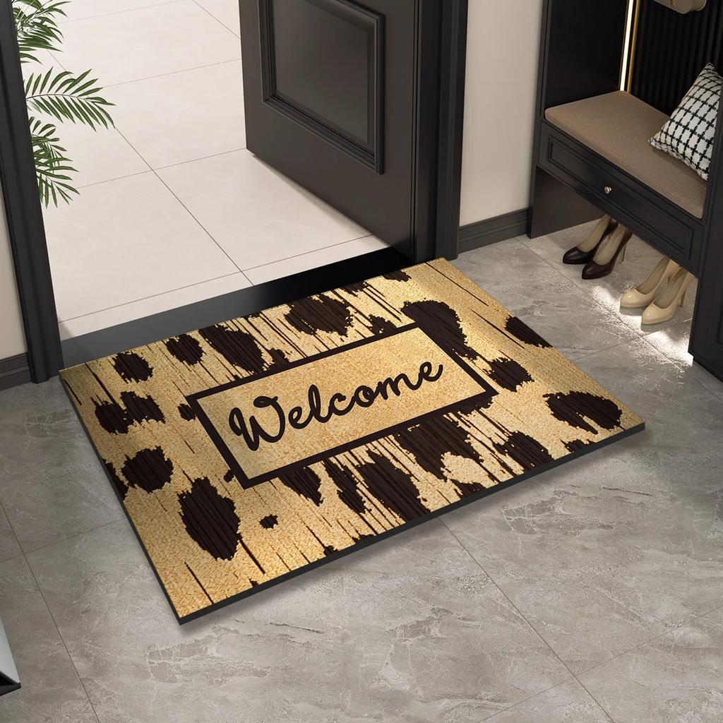 Leopardenmuster Willkommens-Eingangs-Fußmatte Waschbar Innen Außen Bodenmatte Rutschfest Flur Badteppich Heimdeko Teppich