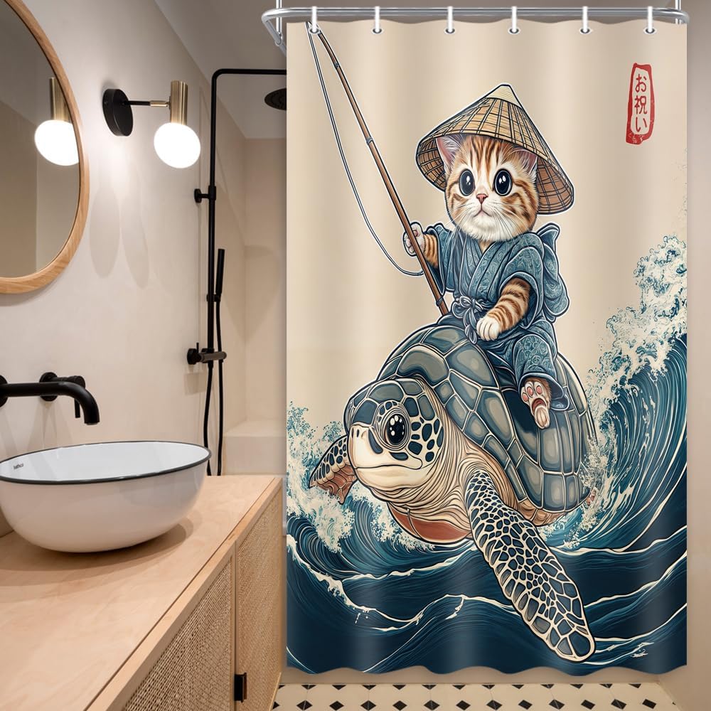 

Funny Shower Curtain,Vintage Black Cat Red Sun Japanese Waves Illustration Boho Shower Curtains Set, With Hooks For Bathroom W60H190(CM)-1 Pcs