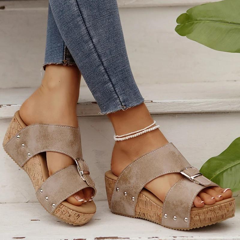 Mode Mode Schnalle Keilabsatz Pantoletten Damen Sommer Dicke Sohle Plateau Sandalen Frau Übergröße Bequeme Strandsandalen Weiblich