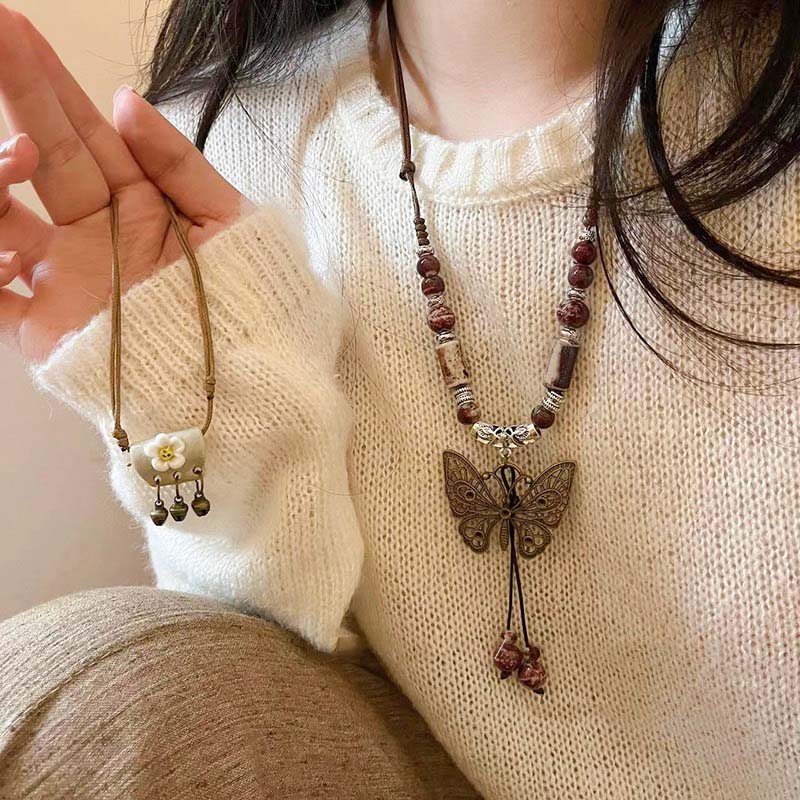 Vintage Ceramic Butterfly Pendant Necklace for Women 2026 New Chinese Ethnic Style Long Sweater Chain Necklace Jewelry Accessory