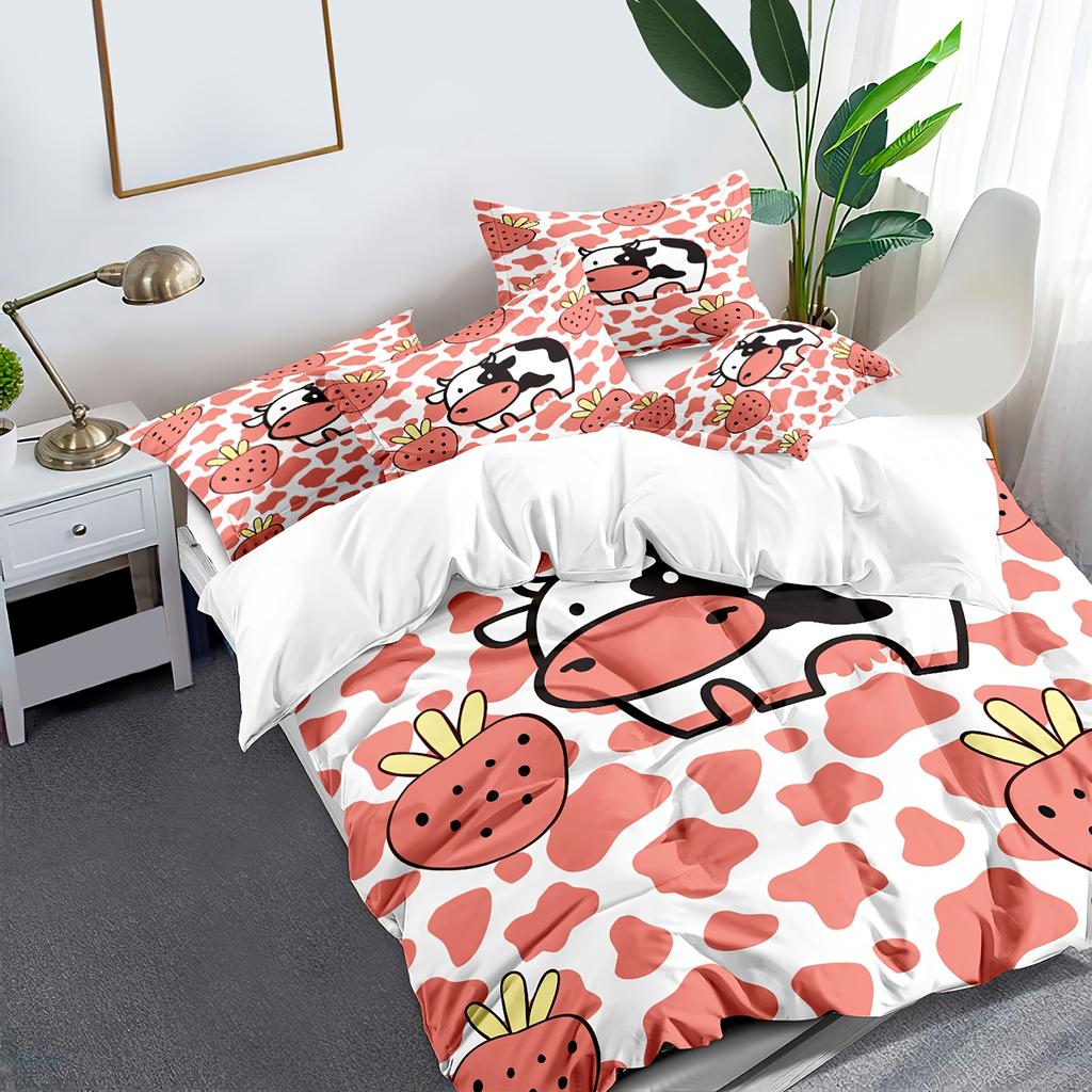 Měkká a pohodlná sada povlaků na přikrývku s potiskem kravského kresleného jahodového potisku do ložnice obsahuje 1 povlak na přikrývku a 1/2 povlak na polštář