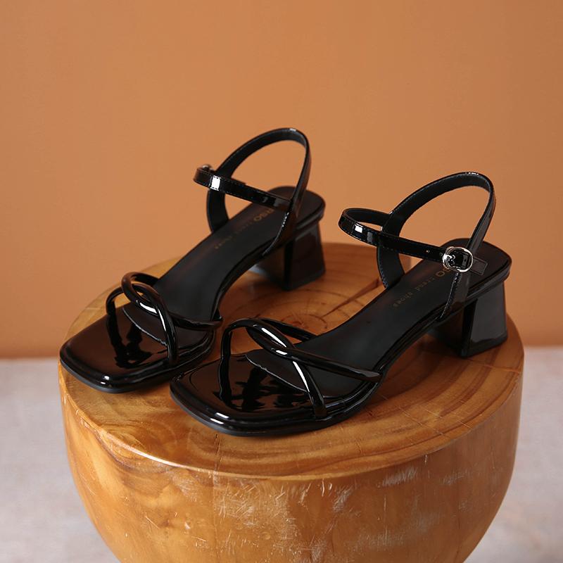 Women's Fashion Sandals Square Toe Open Toe Rough Heel One-line Buckle Shoes Dress Simple Retro Summer Women Sandalias De Mujer