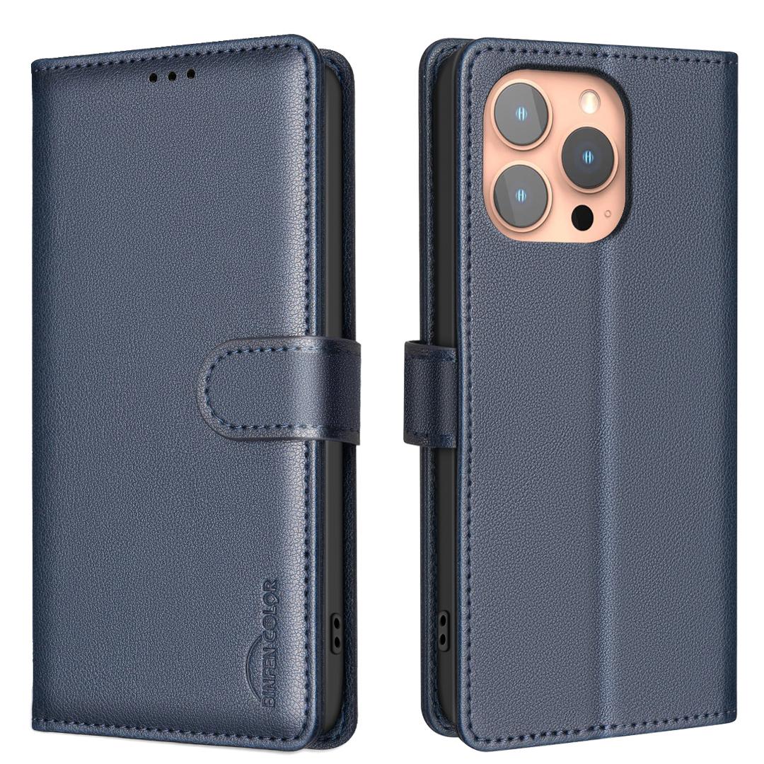 

BINFEN COLOR BF32 For iPhone 14 Pro Max Case RFID Blocking PU Leather Flip Folio Phone Cover Blue
